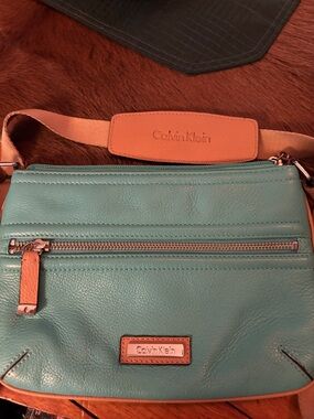 Calvin Klein Teal And Tan Small Crossbody Purse